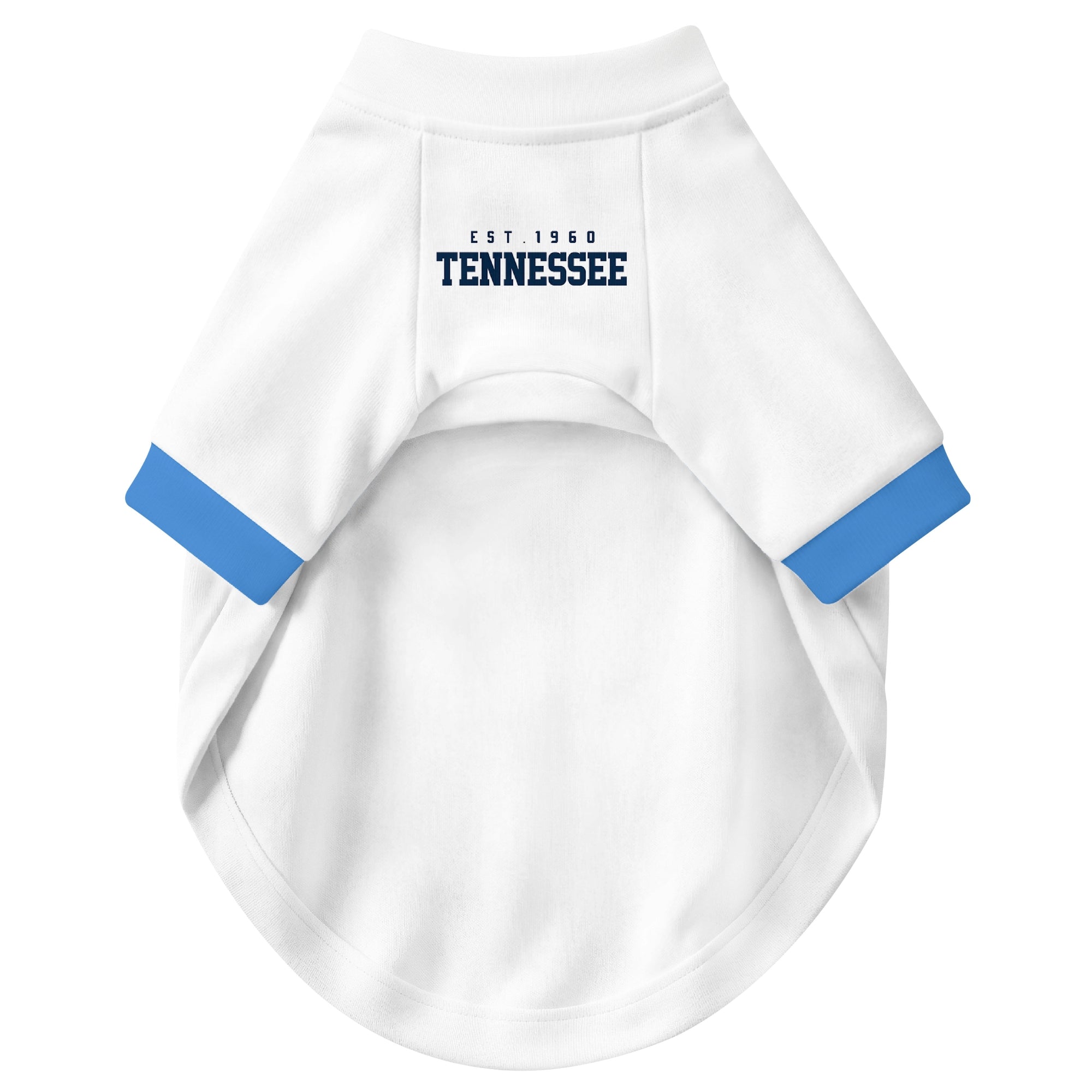 Front view of custom dog jersey in white personalized with name and number