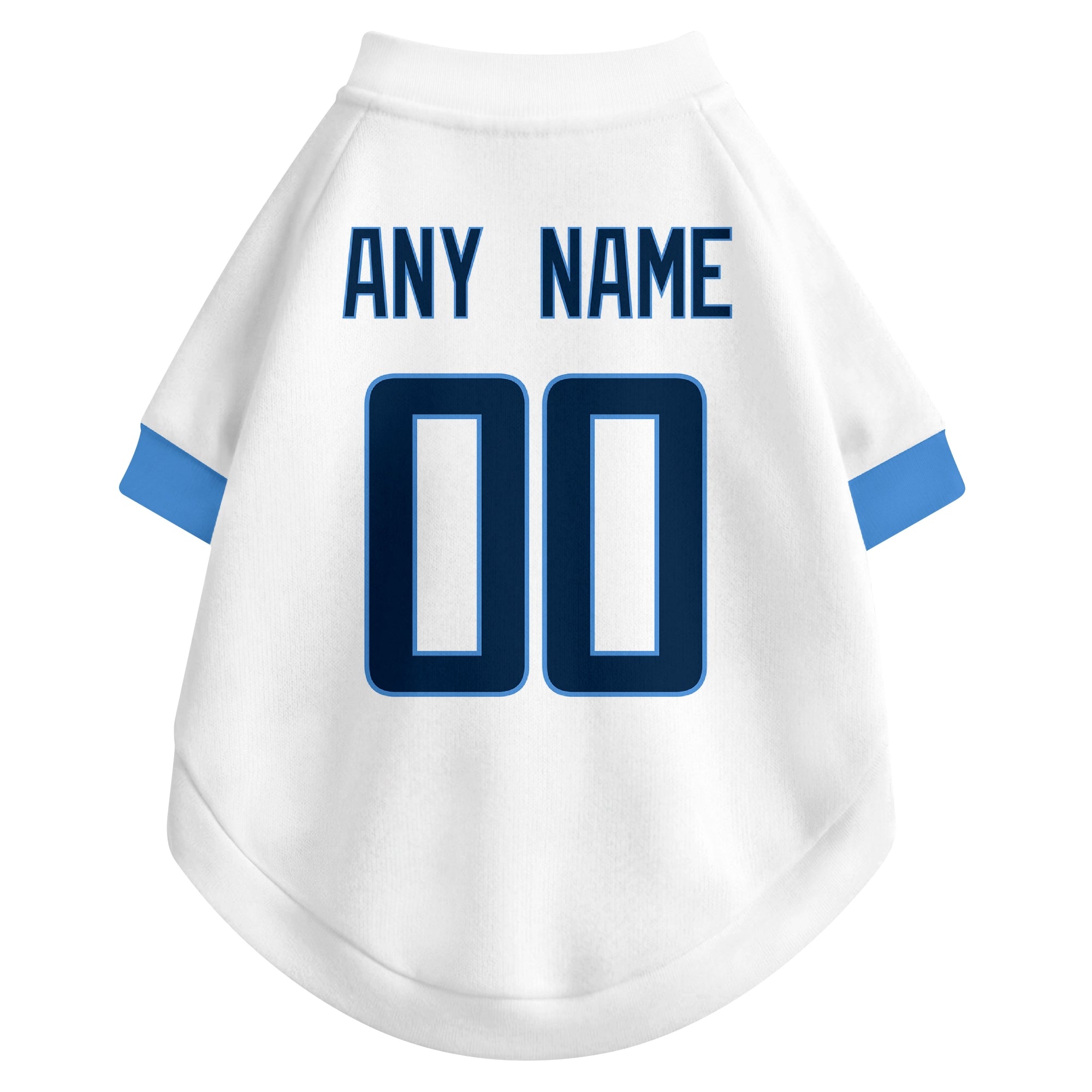 Back view of custom dog jersey in white showing name and number customization