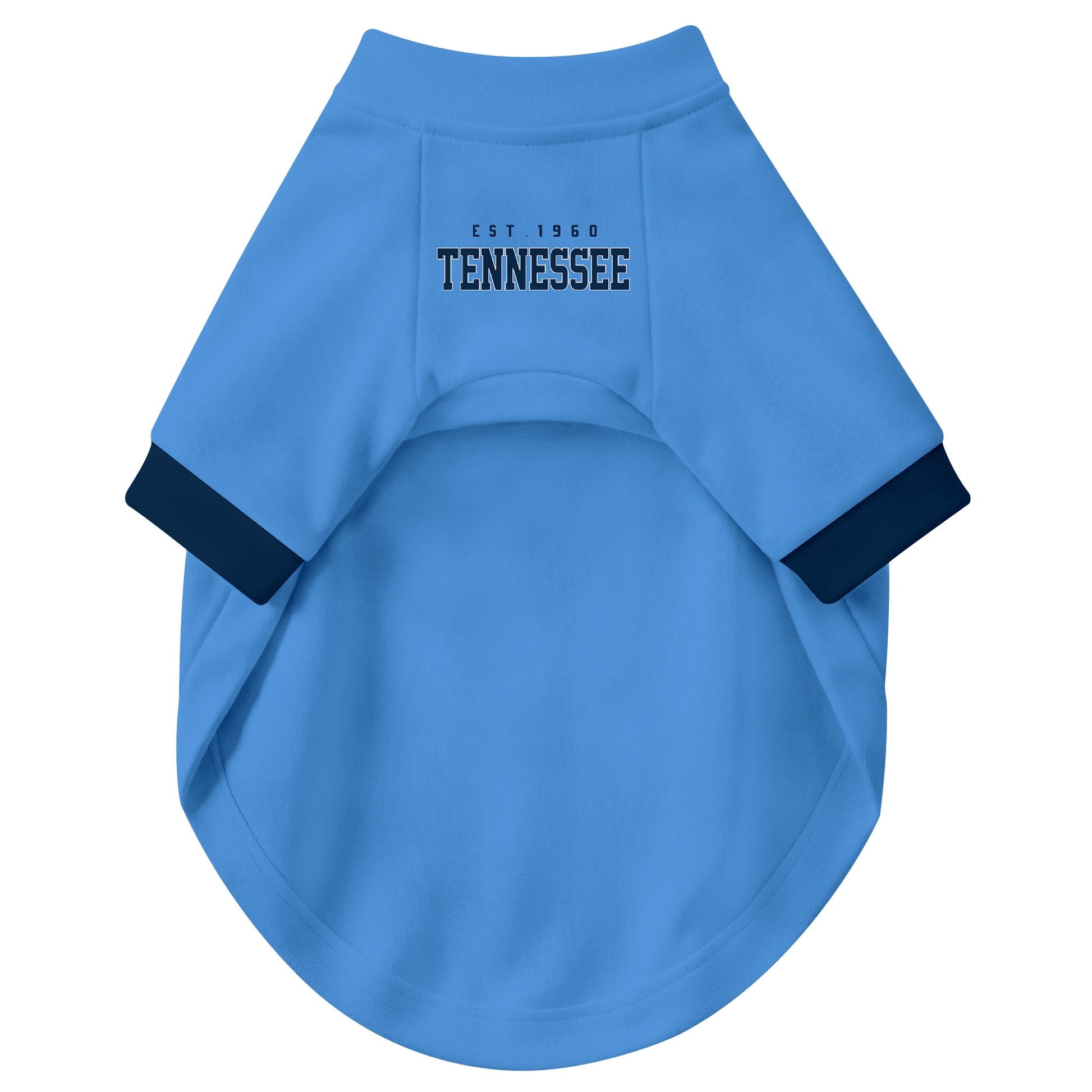 Front view of custom dog jersey in light blue personalized with name and number