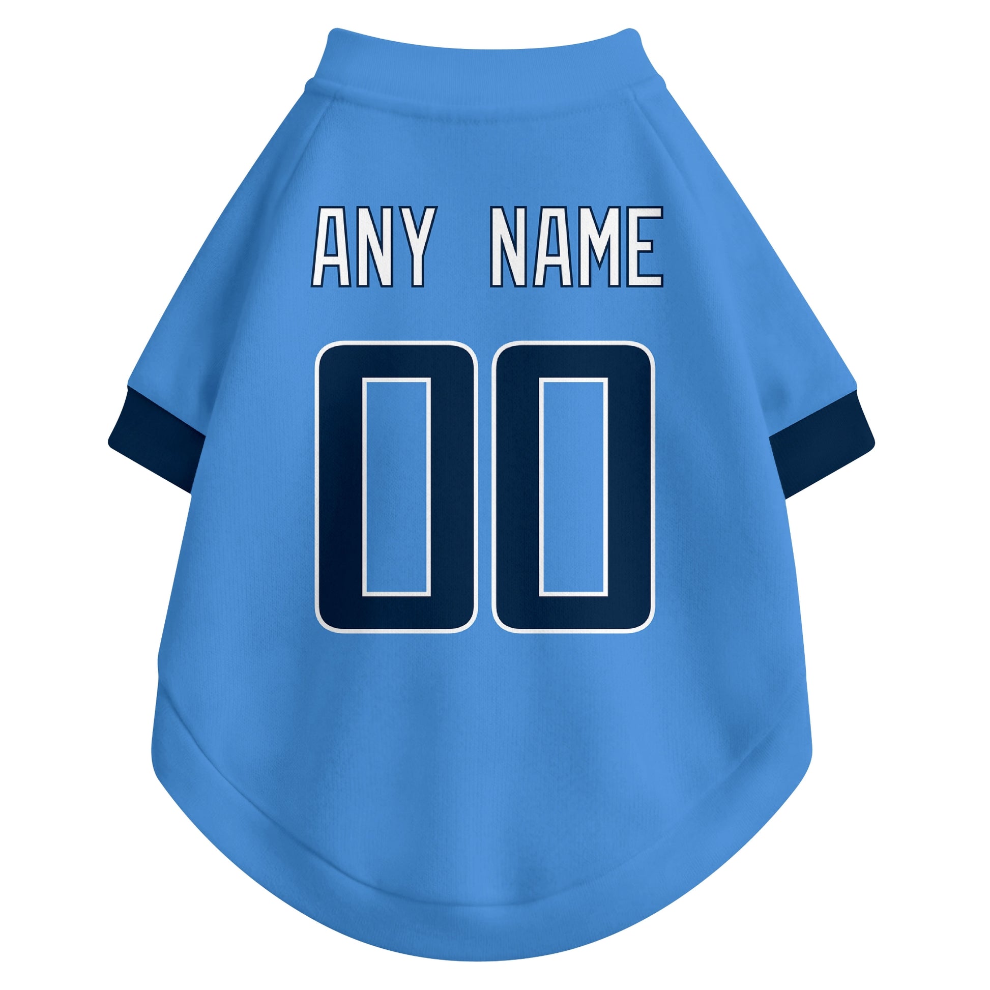 Back view of custom dog jersey in light blue showing name and number customization