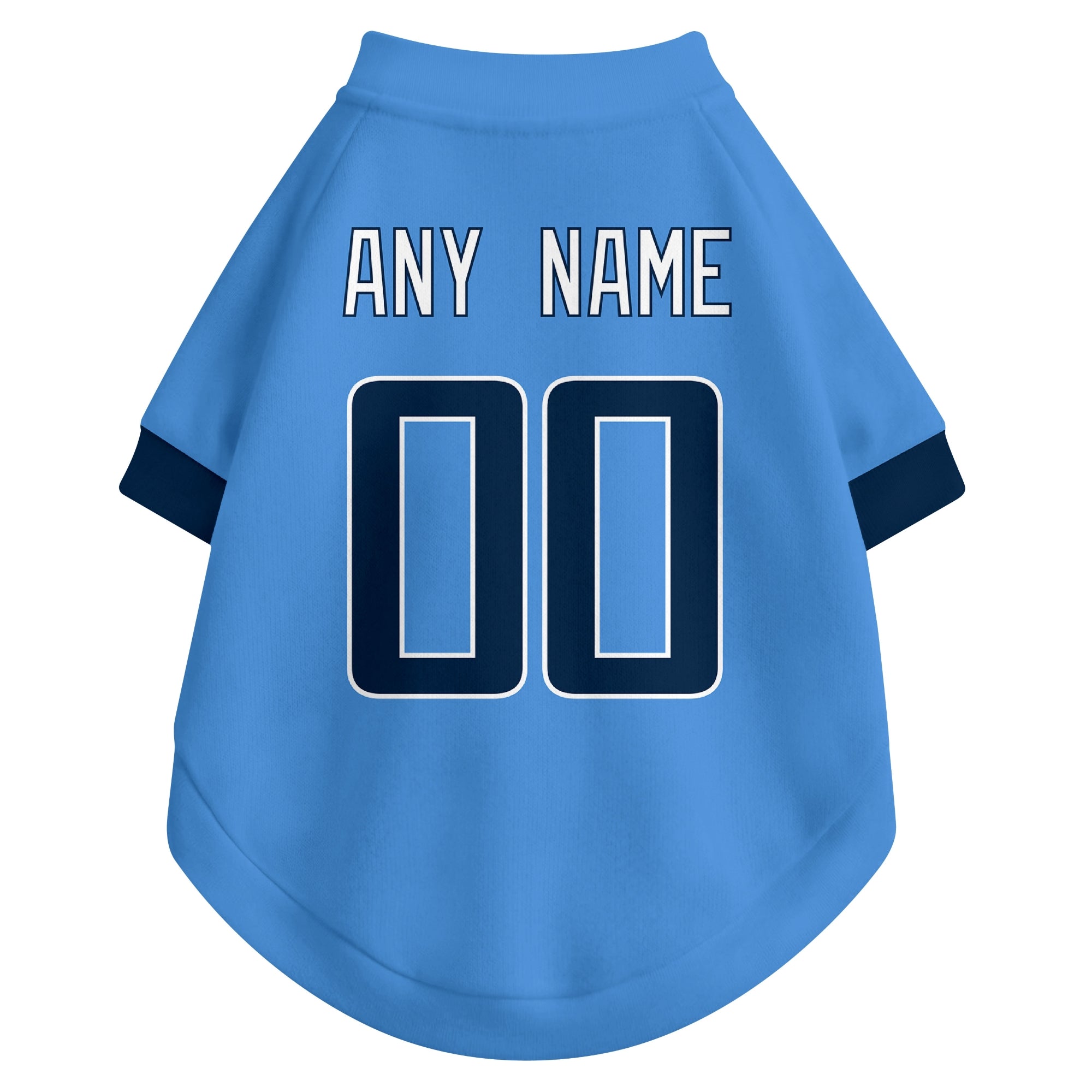 Back view of custom dog jersey in light blue showing name and number customization