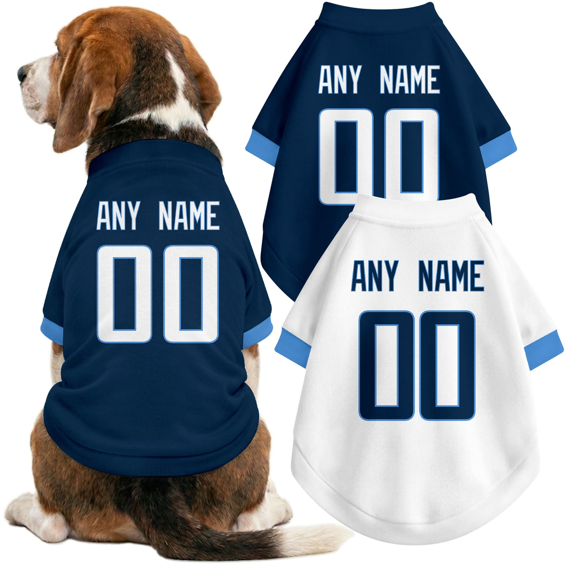 Dog wearing custom football-style dog jersey in navy white light blue with personalized name and number