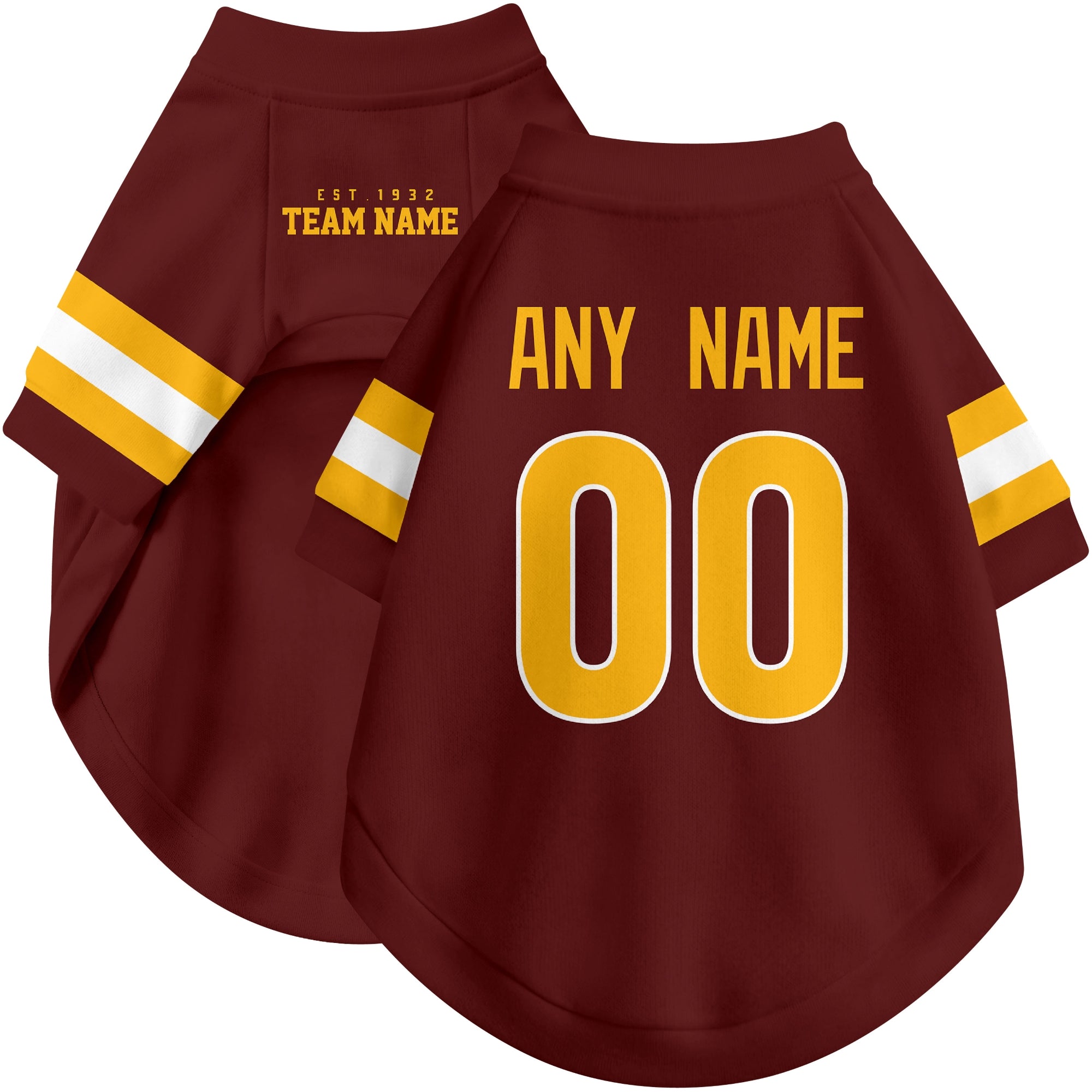 Custom football-style dog jersey in burgundy personalized with any name and number