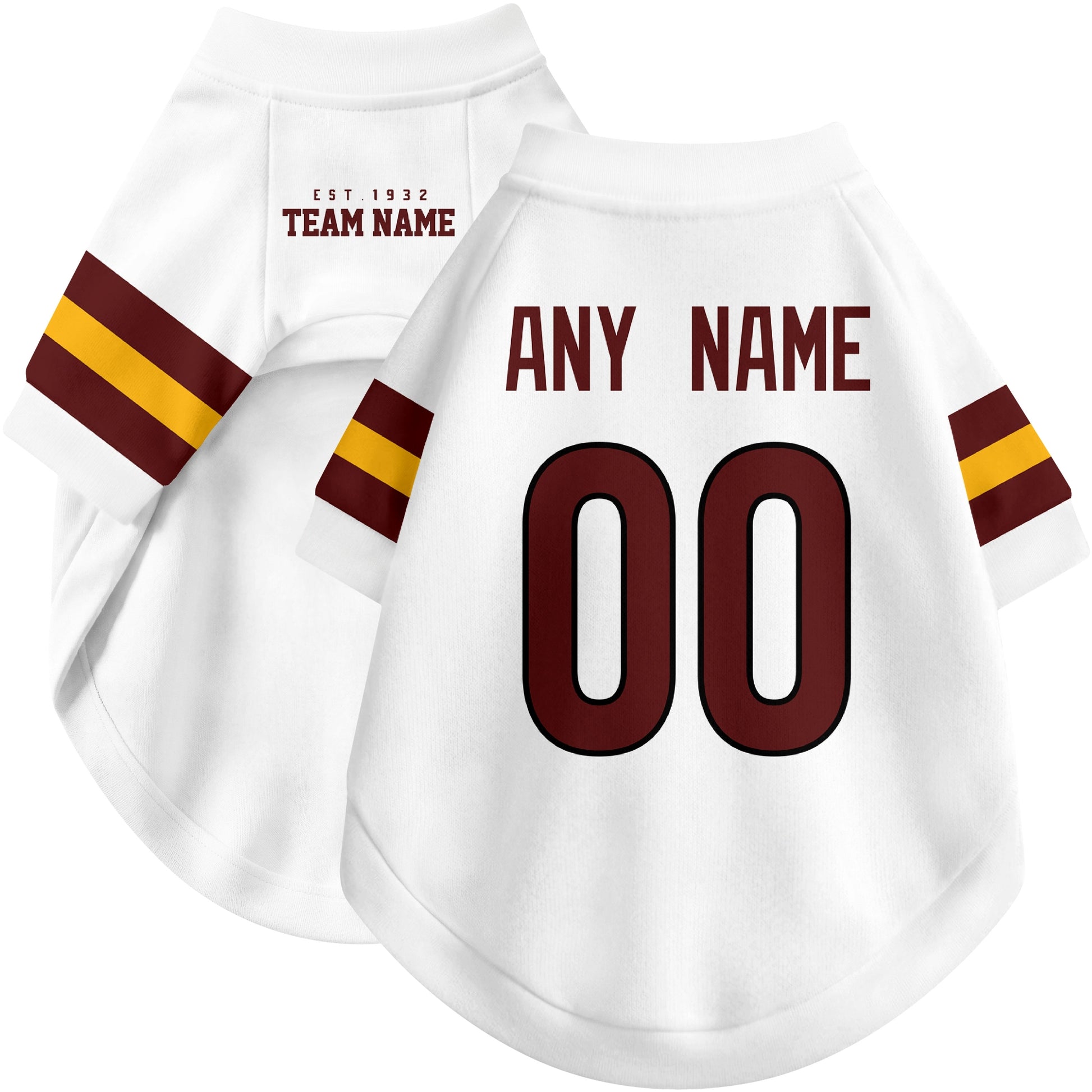 Custom football-style dog jersey in white personalized with any name and number