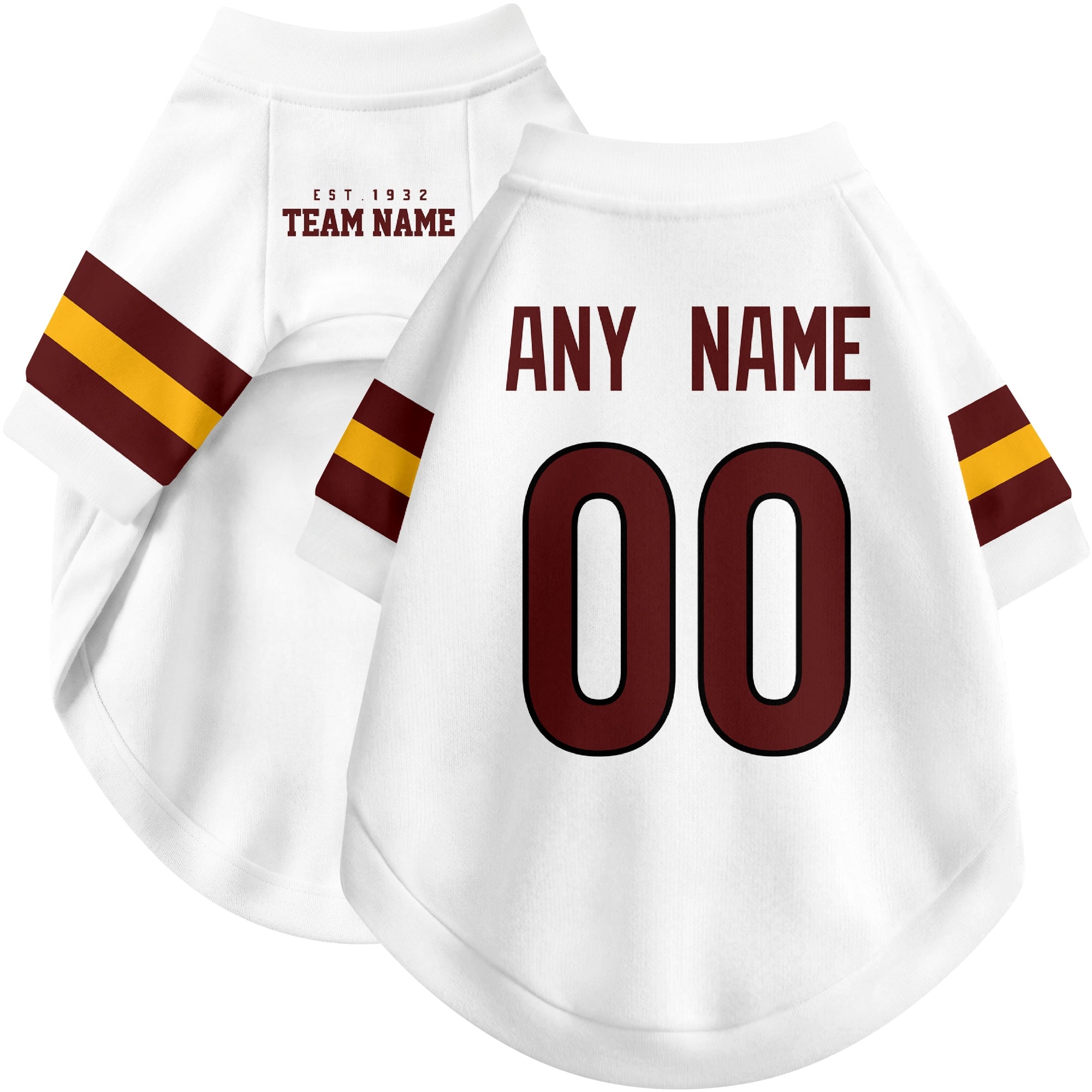 Custom football-style dog jersey in white personalized with any name and number