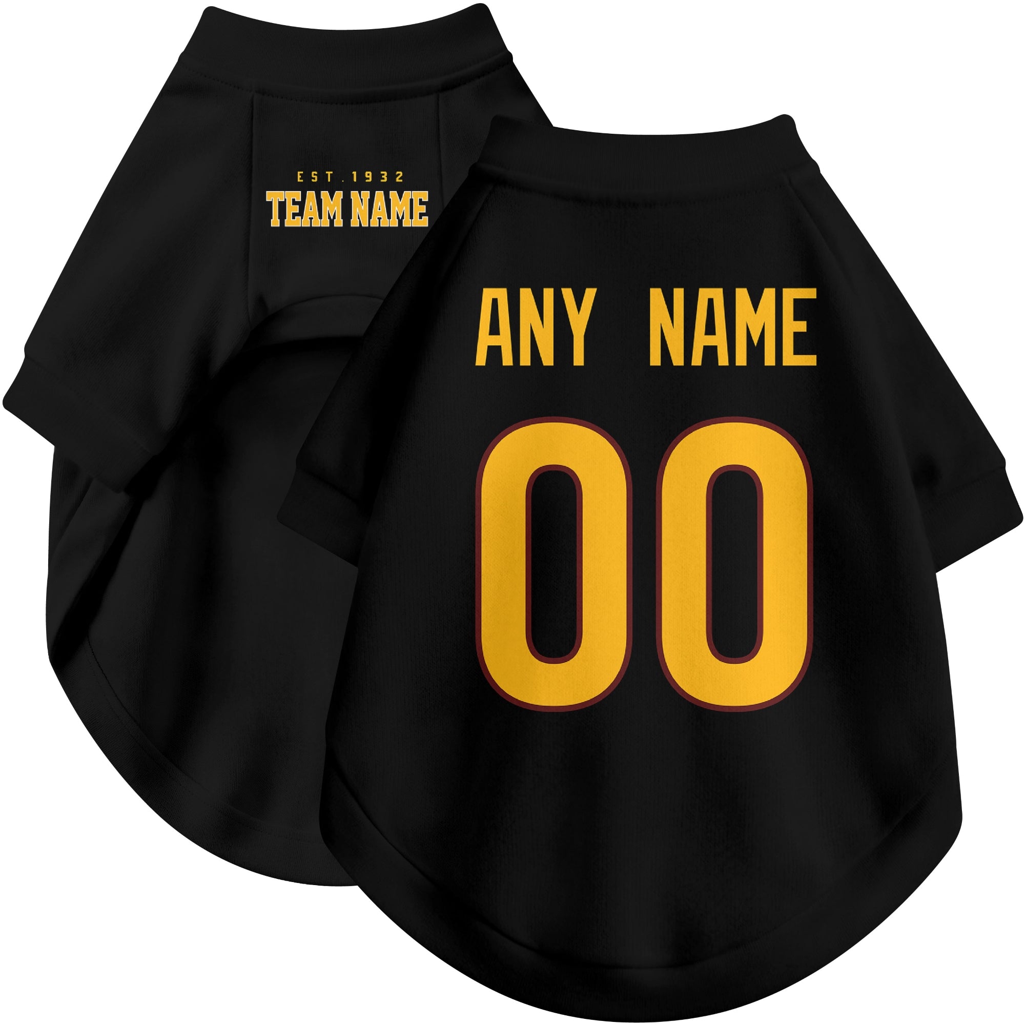 Custom football-style dog jersey in black personalized with any name and number