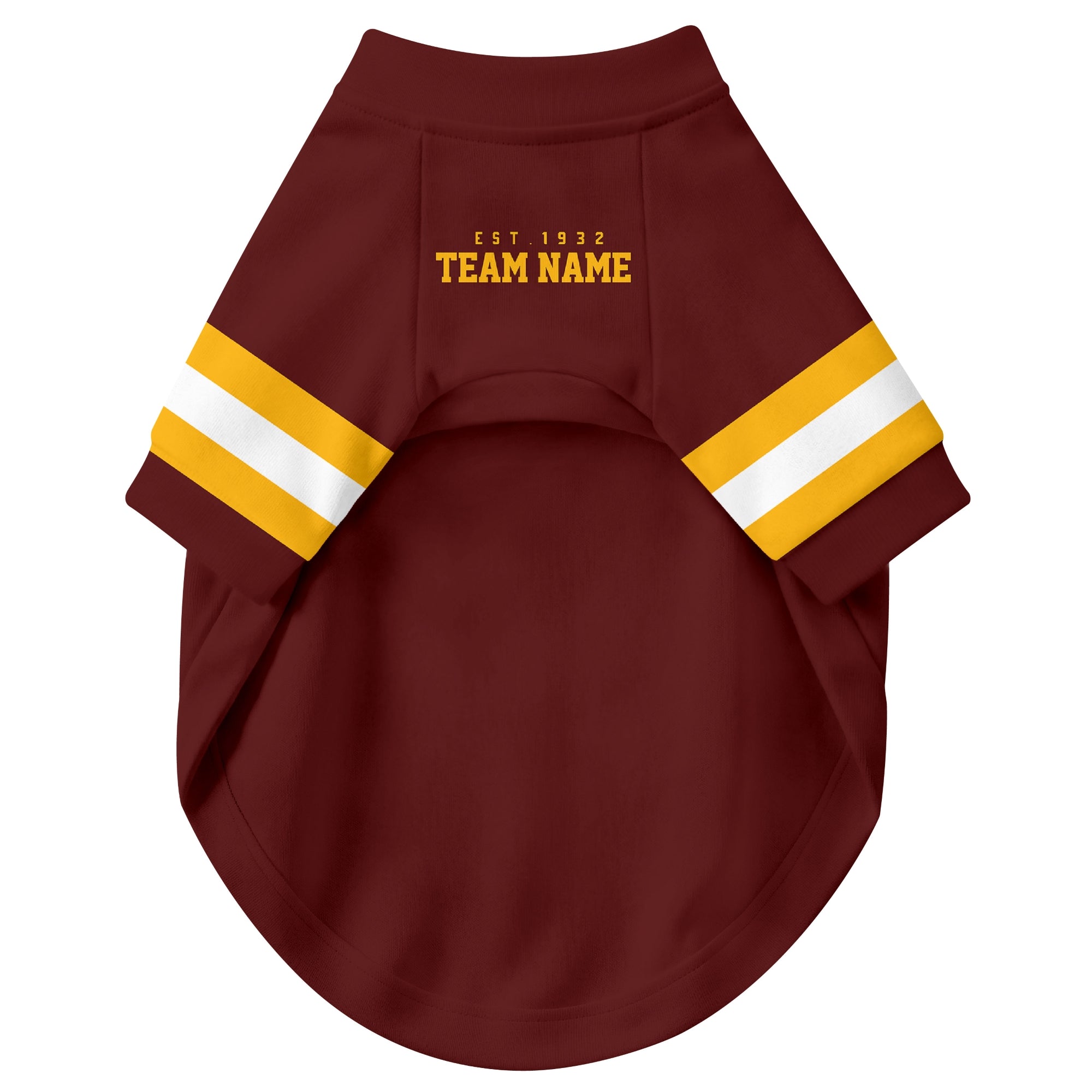 Front view of custom dog jersey in burgundy personalized with name and number