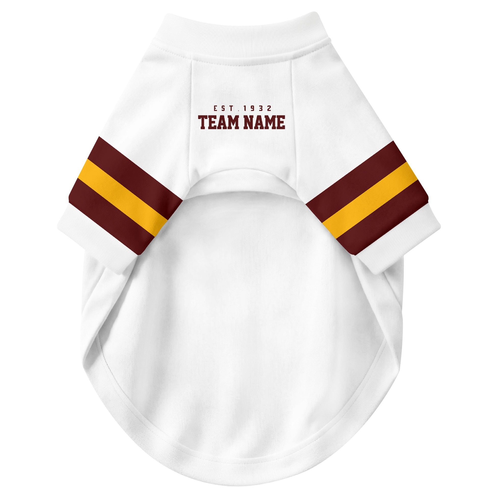Front view of custom dog jersey in white personalized with name and number