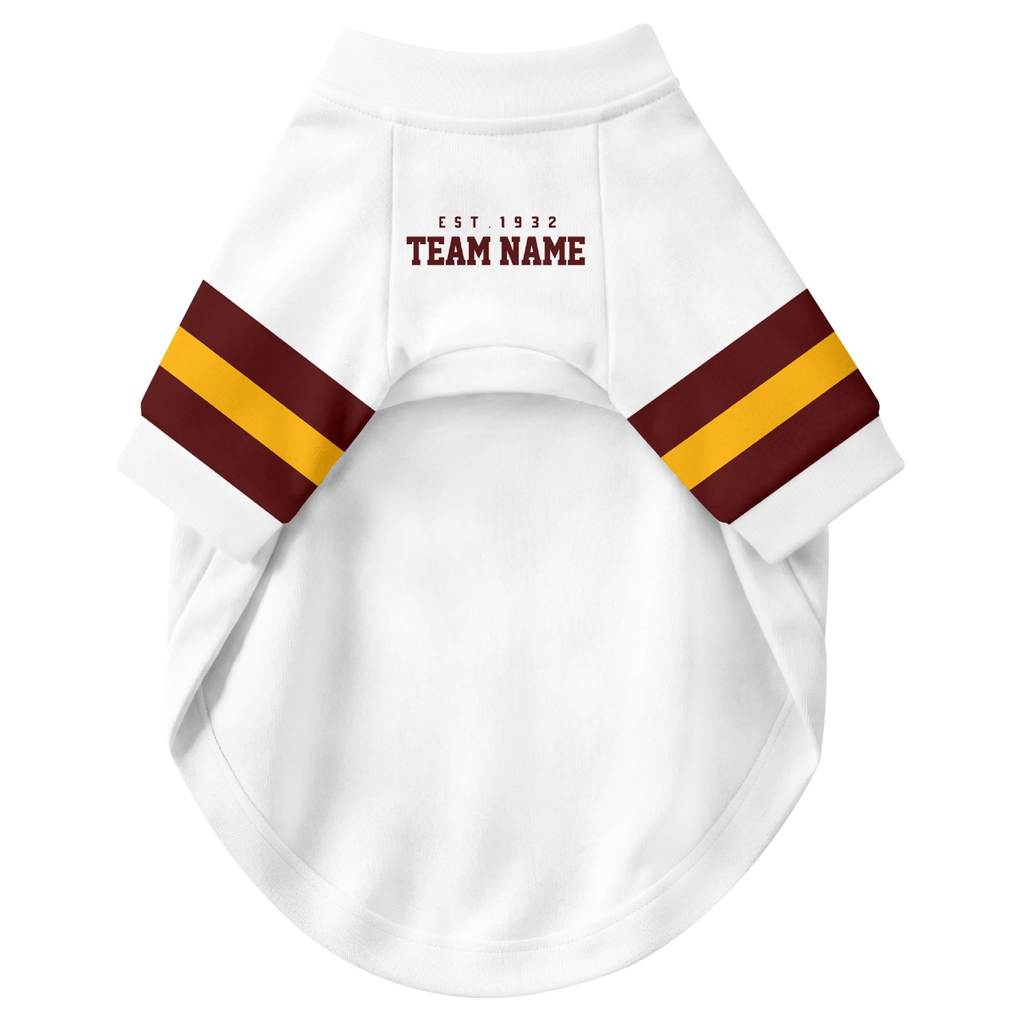 Front view of custom dog jersey in white personalized with name and number