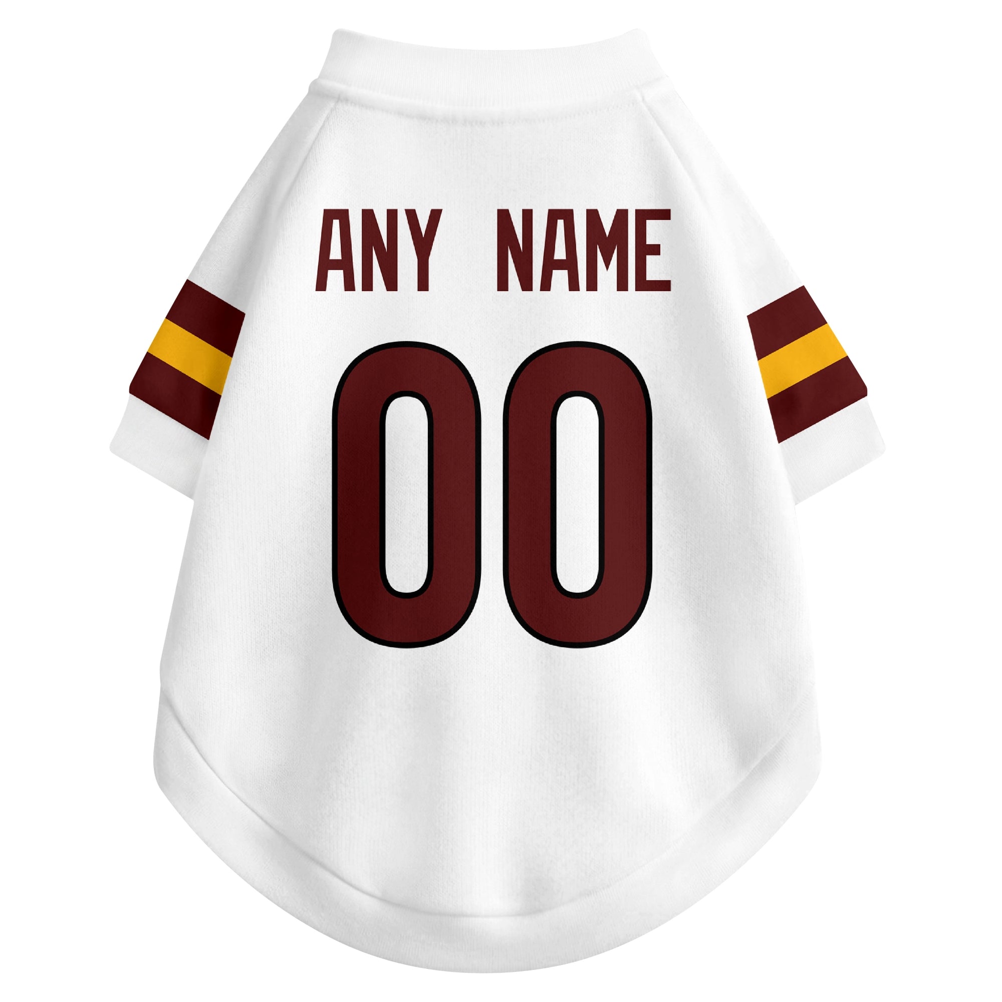Back view of custom dog jersey in white showing name and number customization