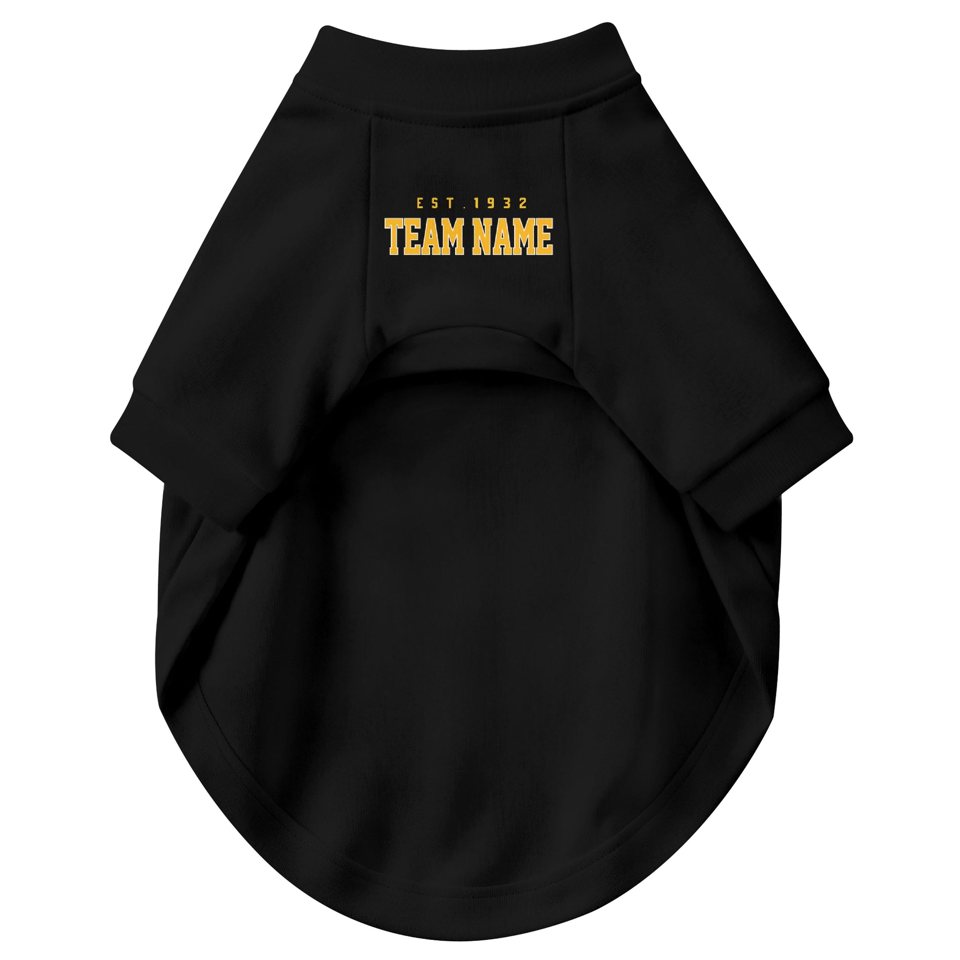 Front view of custom dog jersey in black personalized with name and number
