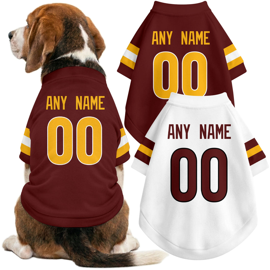 Dog wearing custom football-style dog jersey in burgundy white black with personalized name and number