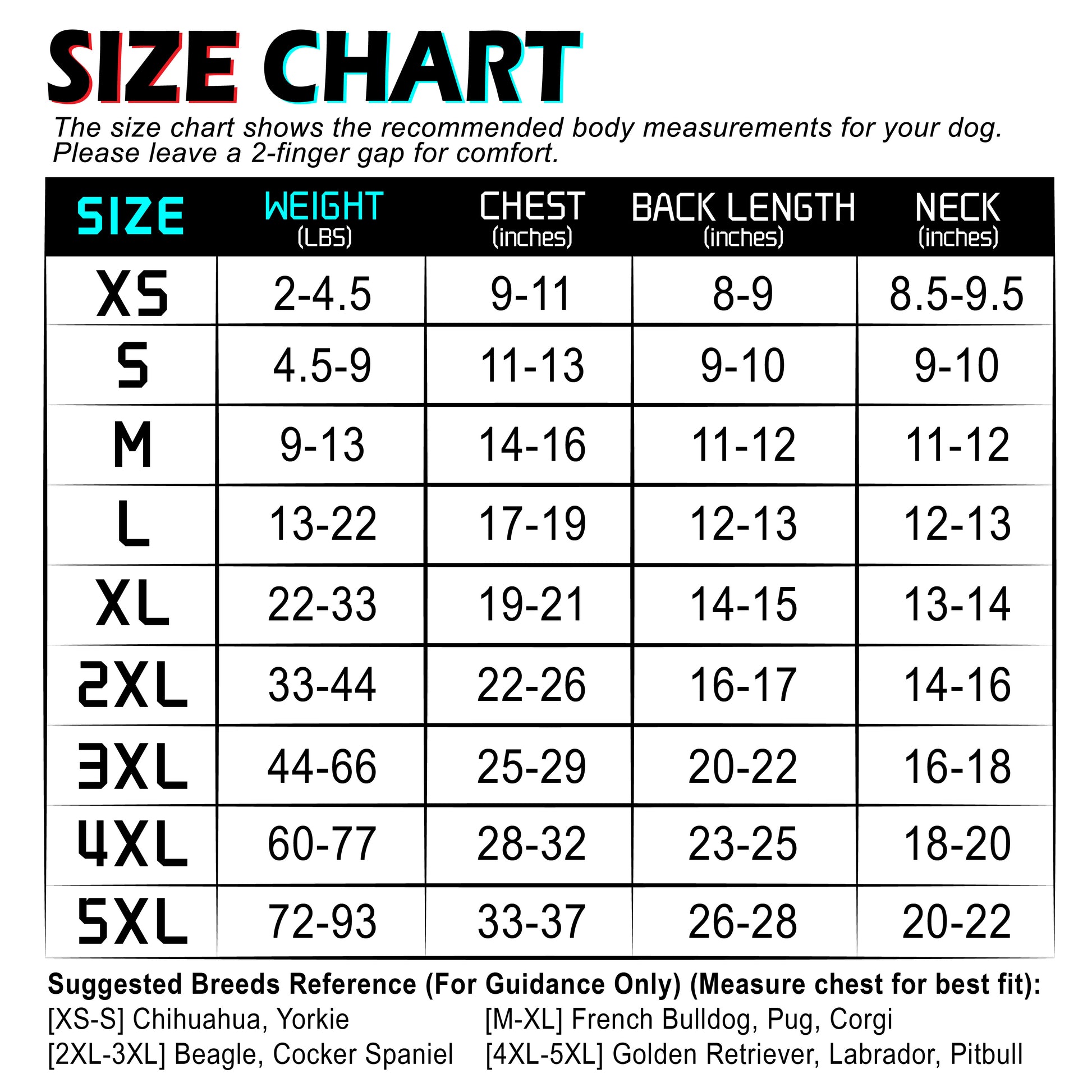 Size chart for custom baseball-style personalized dog jersey