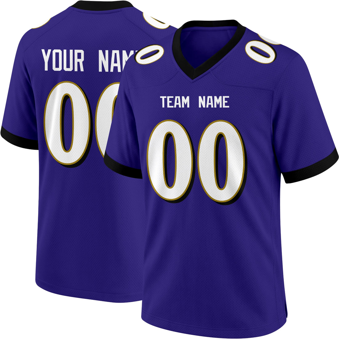 Baltimore personalized Purple football jersey showing front city lettering and number with back custom name and number