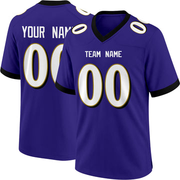 Baltimore personalized Purple football jersey showing front city lettering and number with back custom name and number