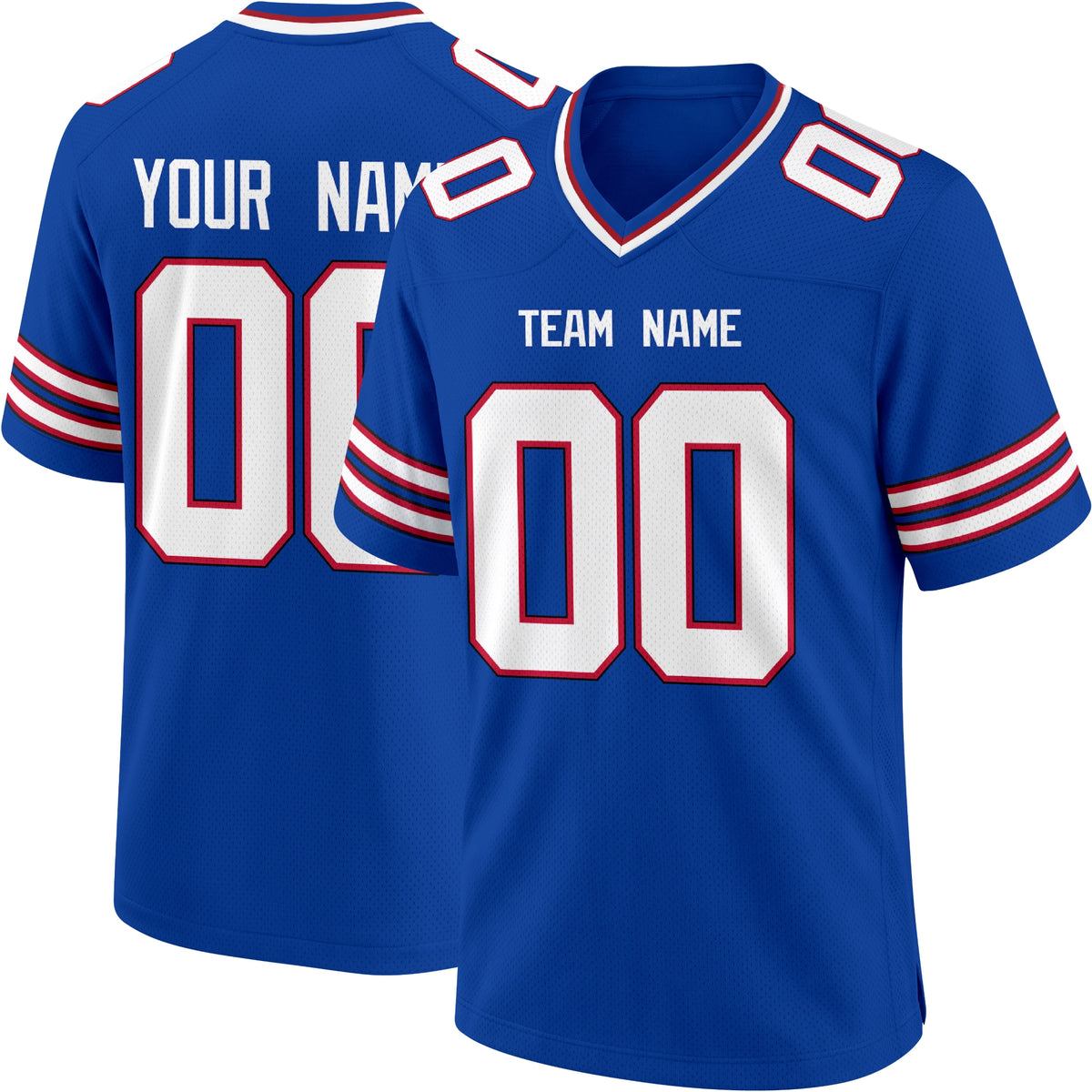 Buffalo personalized Royal Blue football jersey showing front city lettering and number with back custom name and number