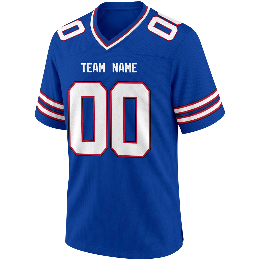 Buffalo personalized Royal Blue football jersey showing front city lettering and number with back custom name and number