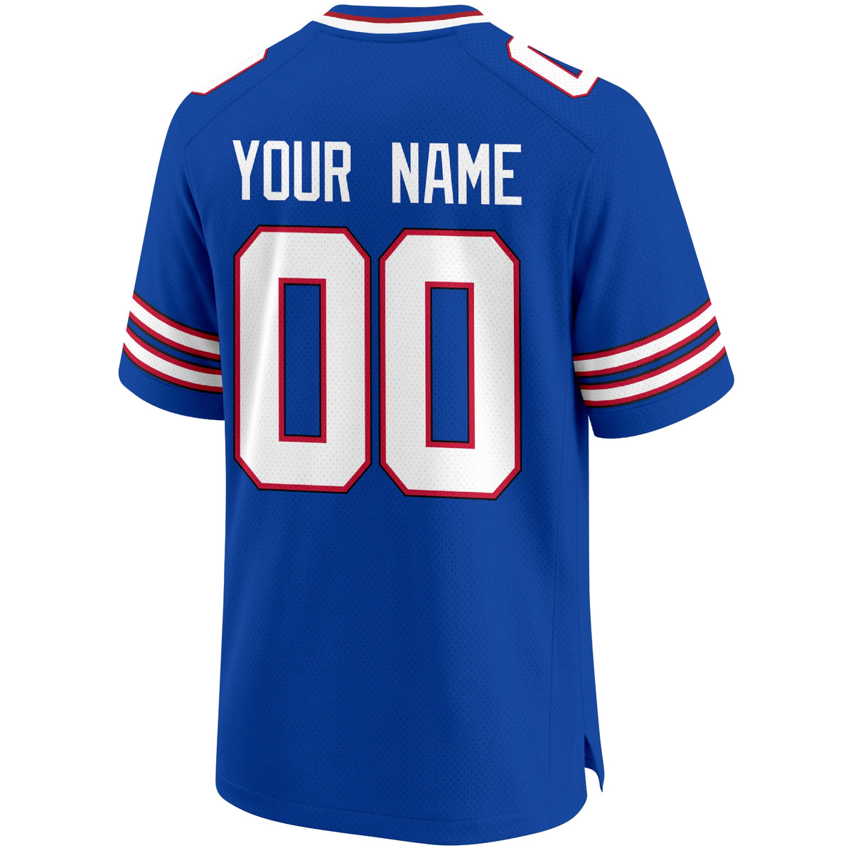 Buffalo personalized Royal Blue football jersey back view with custom name and large jersey number