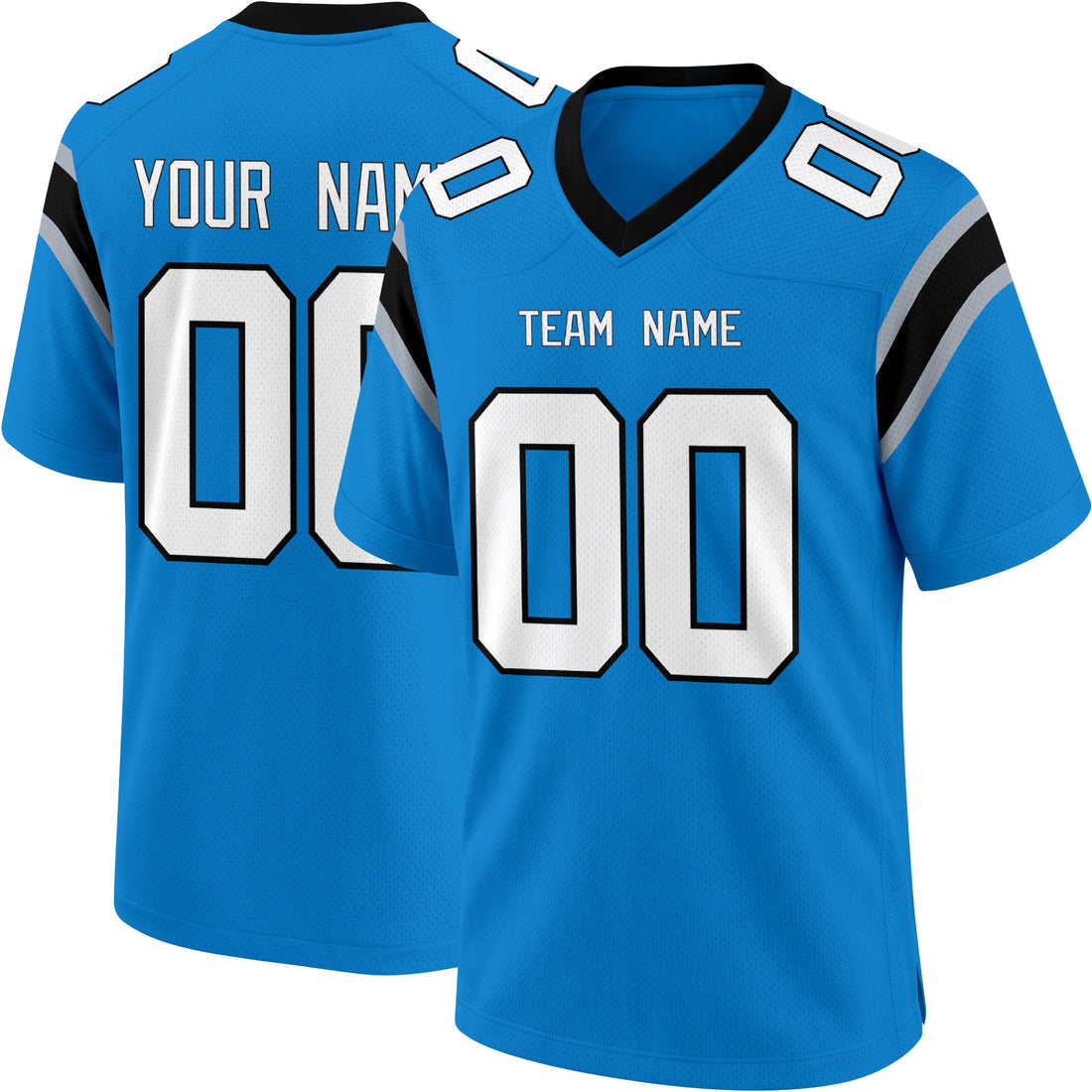 Carolina personalized Light Blue football jersey showing front city lettering and number with back custom name and number