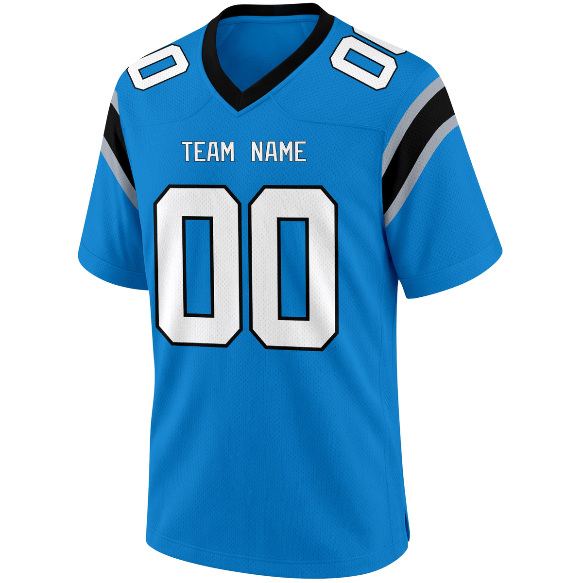 Carolina Light Blue football jersey front view with V neck city lettering shoulder numbers and large front number