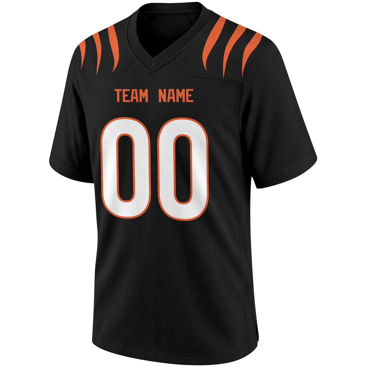 Cincinnati Black football jersey front view with V neck city lettering shoulder numbers and large front number