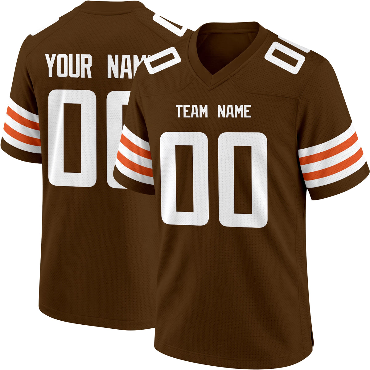 Cleveland personalized Brown football jersey showing front city lettering and number with back custom name and number
