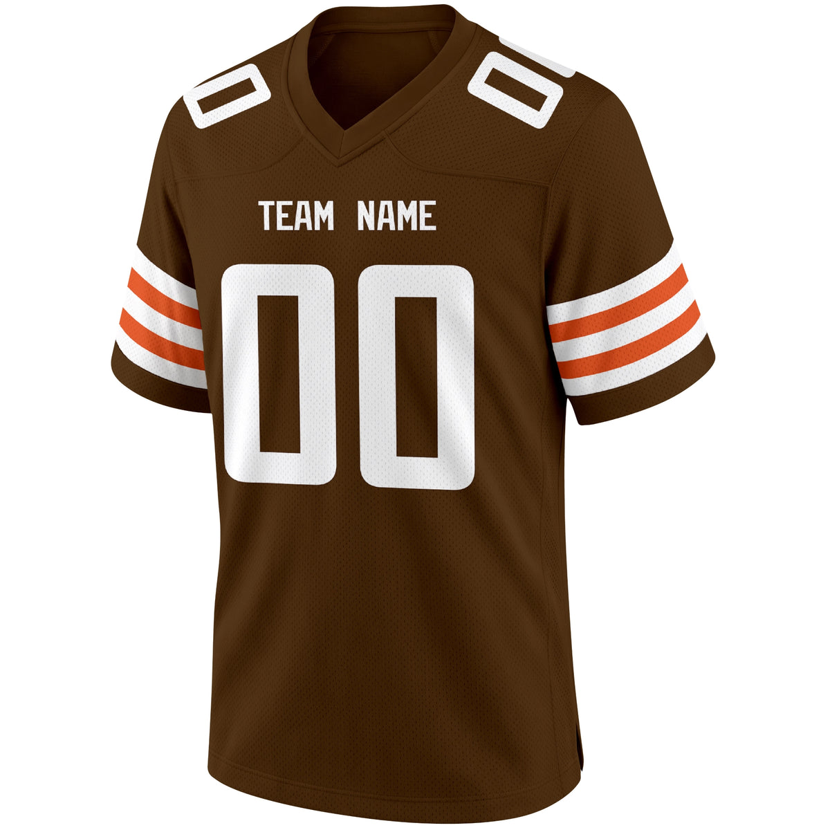 Cleveland Brown football jersey front view with V neck city lettering shoulder numbers and large front number
