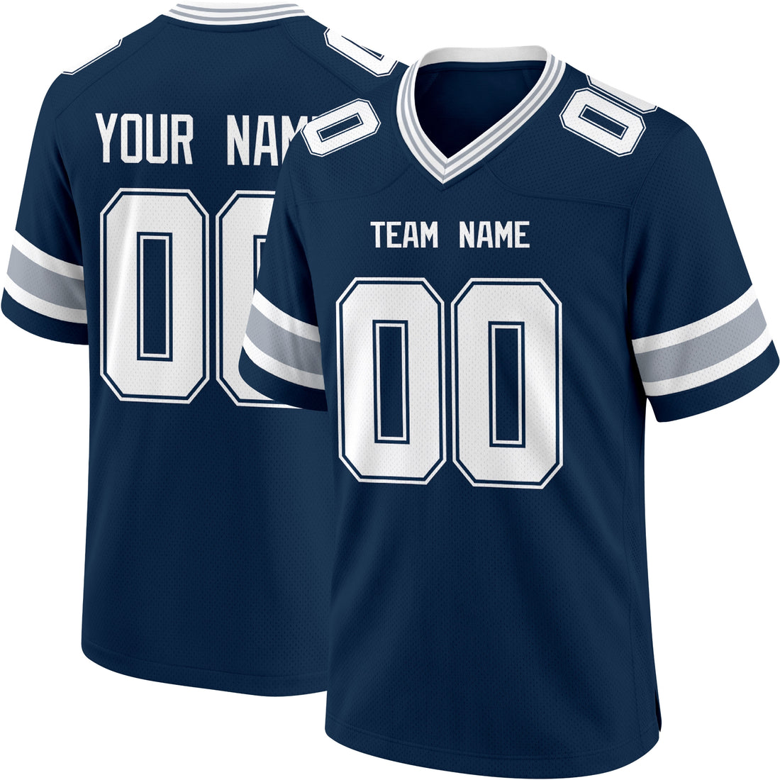 Dallas personalized Navy football jersey showing front city lettering and number with back custom name and number