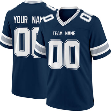 Dallas personalized Navy football jersey showing front city lettering and number with back custom name and number