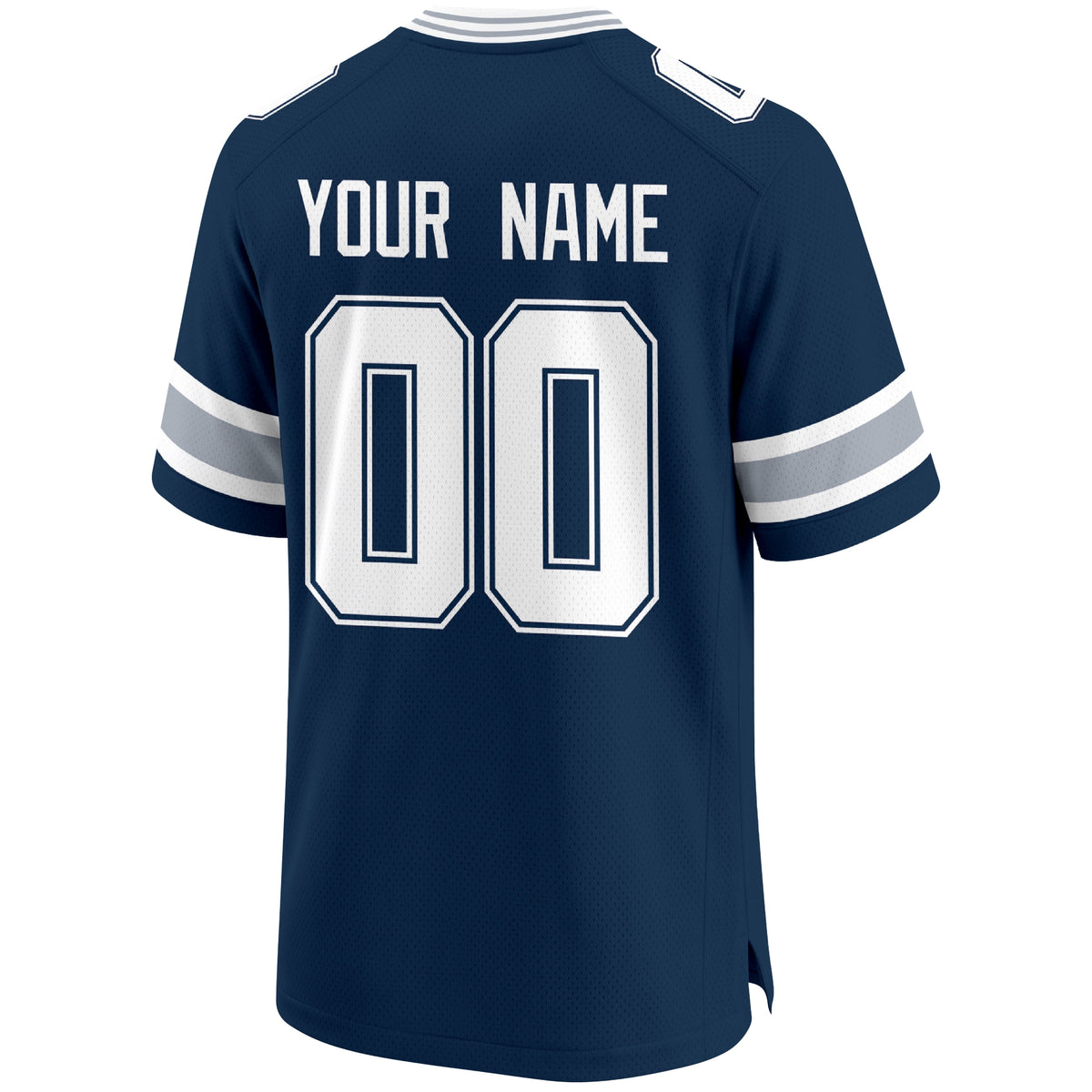 Dallas personalized Navy football jersey back view with custom name and large jersey number