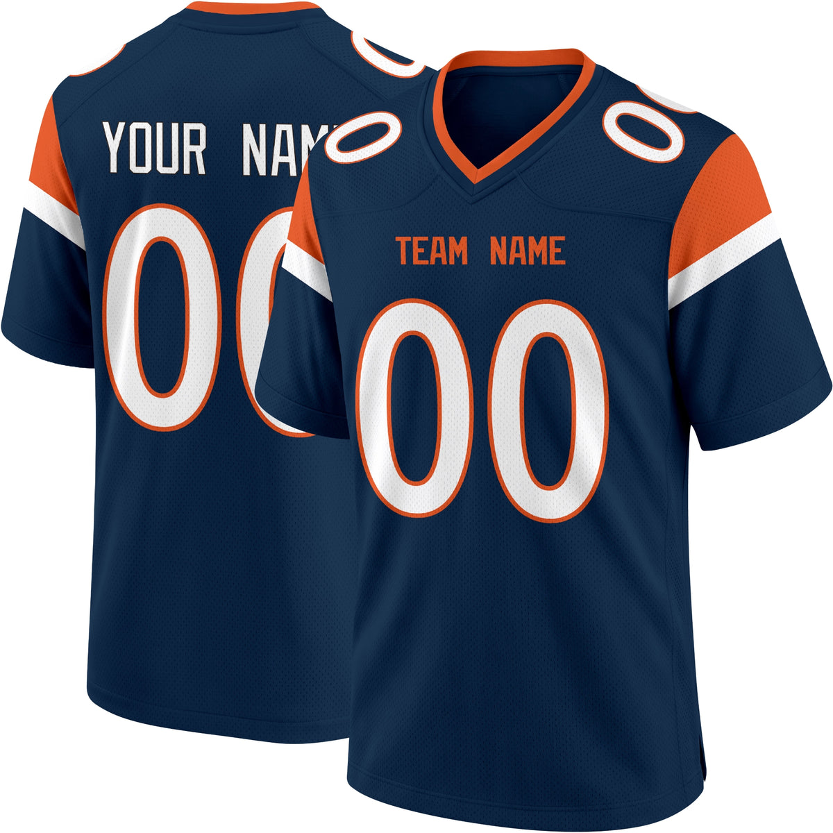 Denver personalized Navy football jersey showing front city lettering and number with back custom name and number