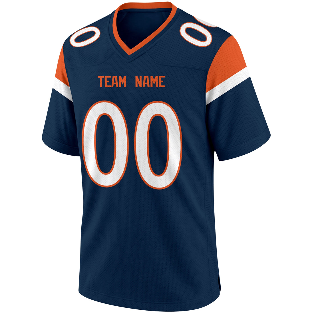 Denver personalized Navy football jersey showing front city lettering and number with back custom name and number