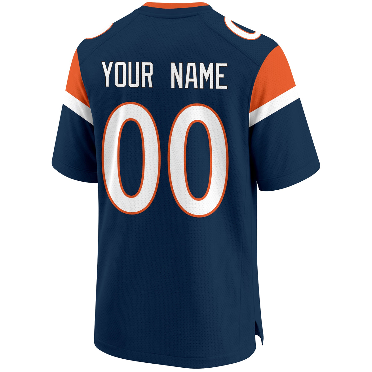 Denver personalized Navy football jersey back view with custom name and large jersey number