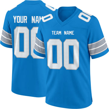 Detroit personalized Bright Blue football jersey showing front city lettering and number with back custom name and number