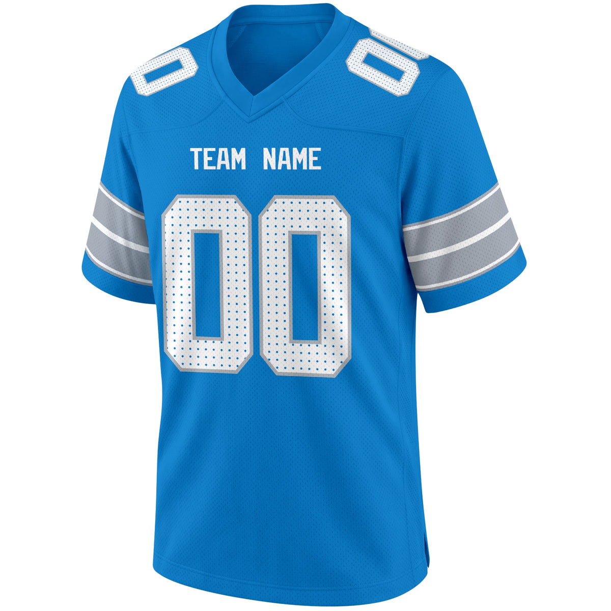 Detroit Bright Blue football jersey front view with V neck city lettering shoulder numbers and large front number