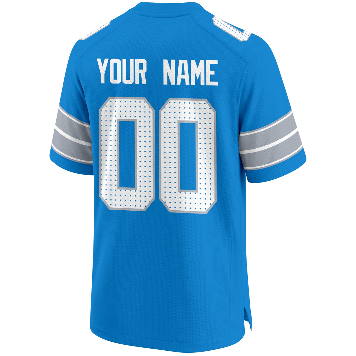 Detroit personalized Bright Blue football jersey back view with custom name and large jersey number