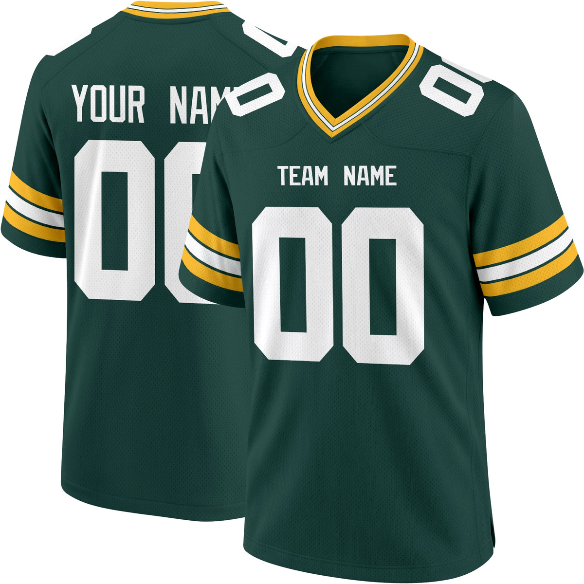 Green Bay personalized Dark Green football jersey showing front city lettering and number with back custom name and number