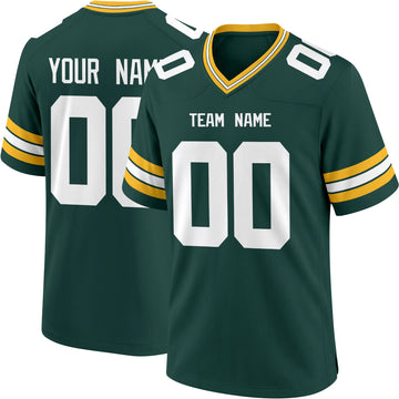 Green Bay personalized Dark Green football jersey showing front city lettering and number with back custom name and number