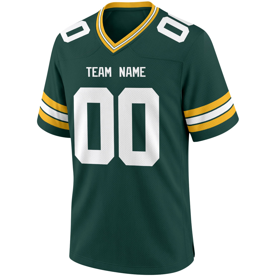 Green Bay personalized Dark Green football jersey showing front city lettering and number with back custom name and number