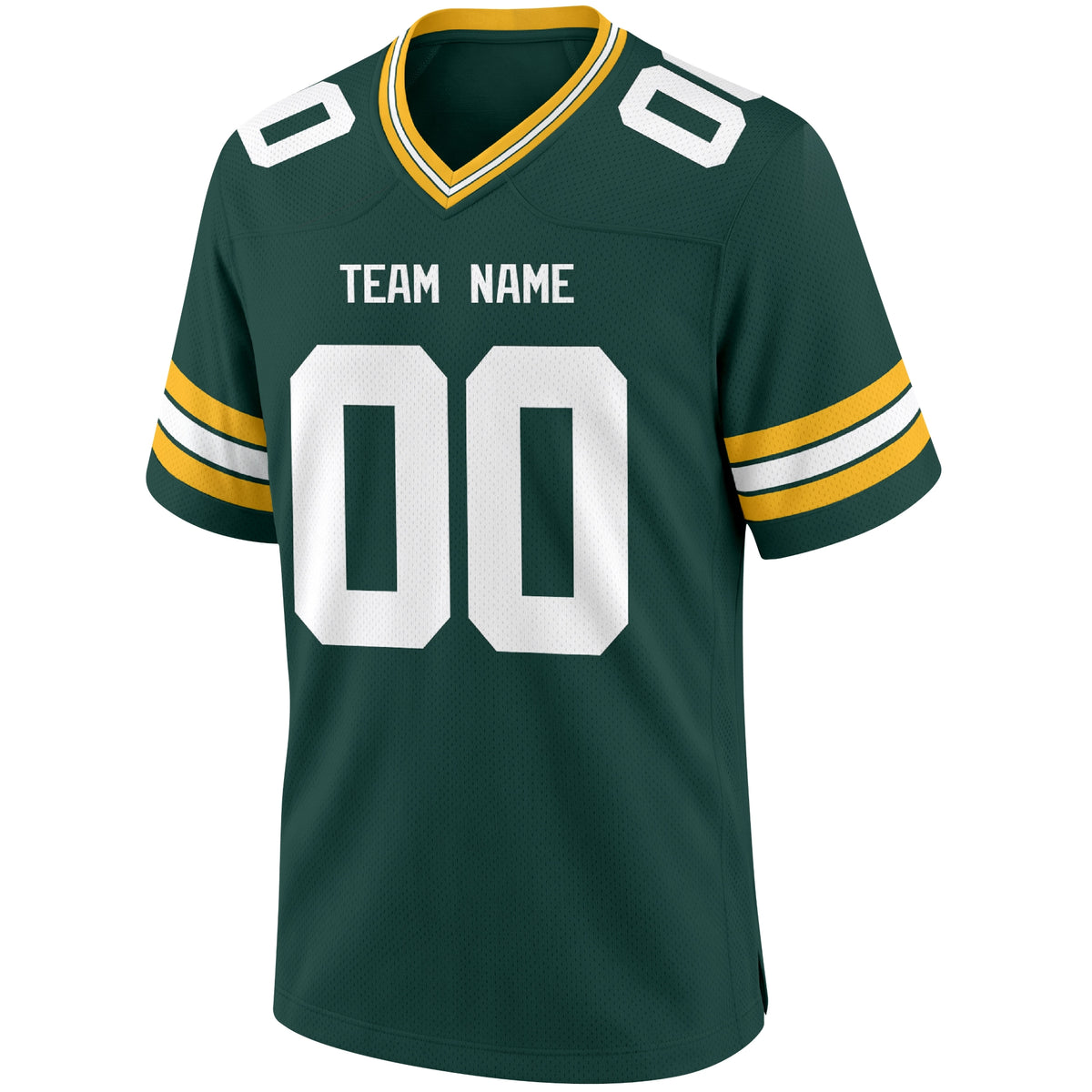 Green Bay Dark Green football jersey front view with V neck city lettering shoulder numbers and large front number