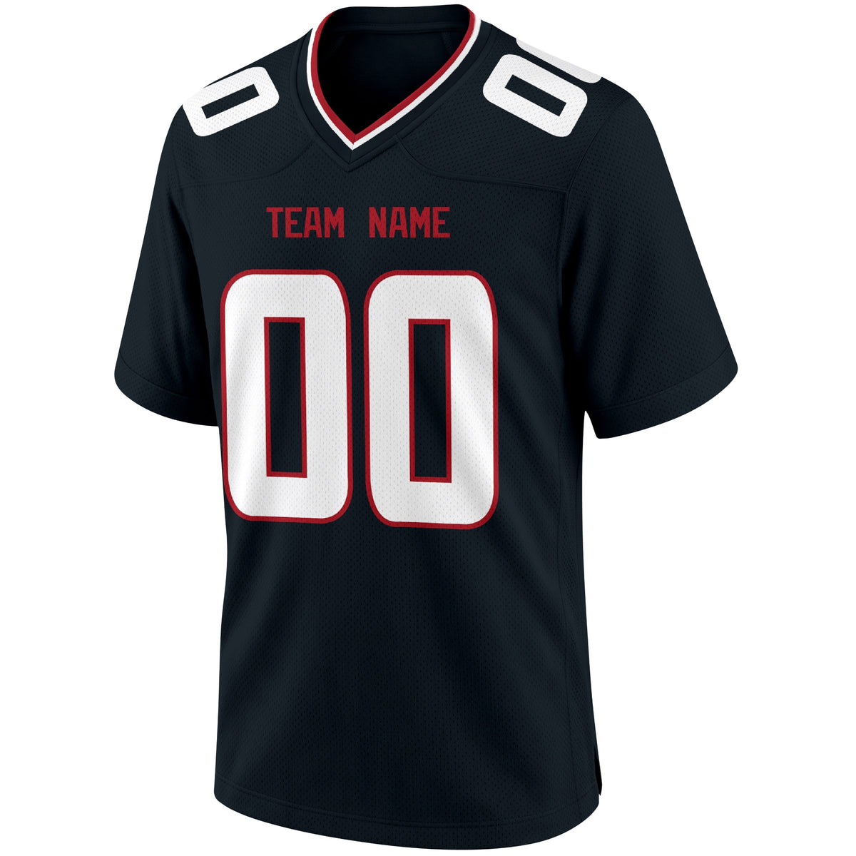 Houston Black football jersey front view with V neck city lettering shoulder numbers and large front number