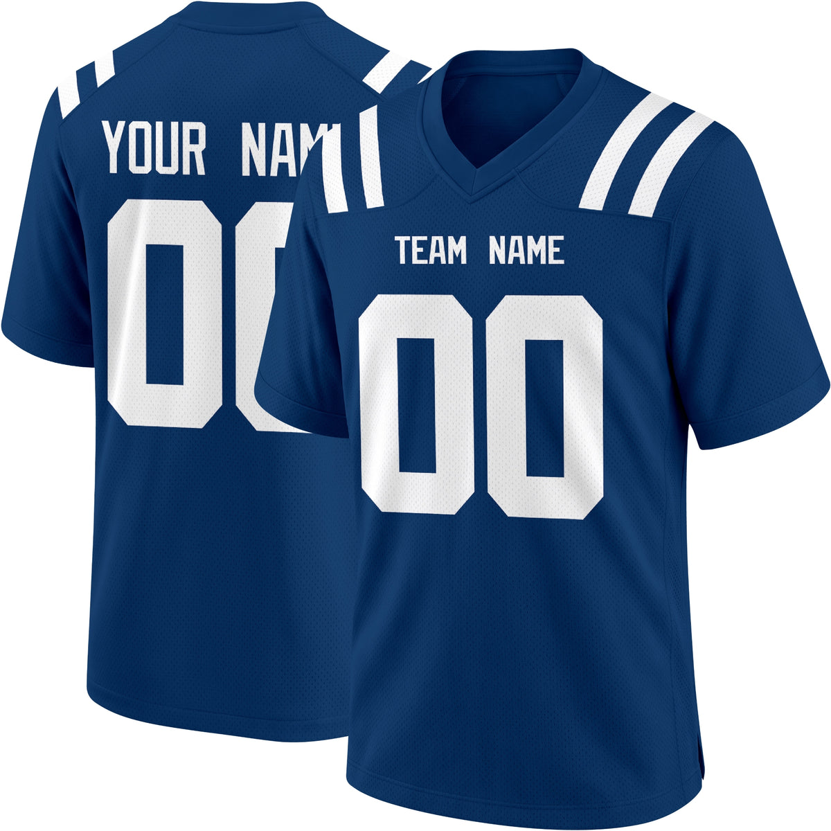 Indianapolis personalized Royal Blue football jersey showing front city lettering and number with back custom name and number