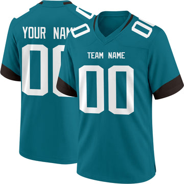 Jacksonville personalized Teal football jersey showing front city lettering and number with back custom name and number