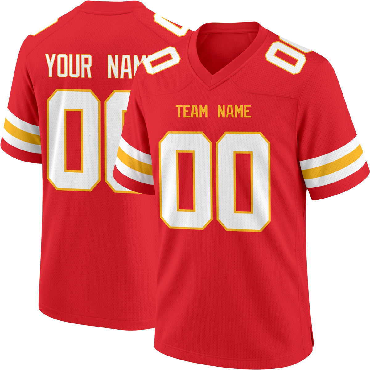 Kansas City personalized Red football jersey showing front city lettering and number with back custom name and number