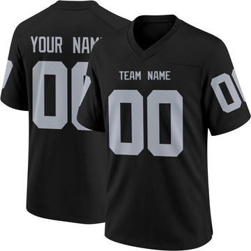 Las Vegas personalized Black football jersey showing front city lettering and number with back custom name and number