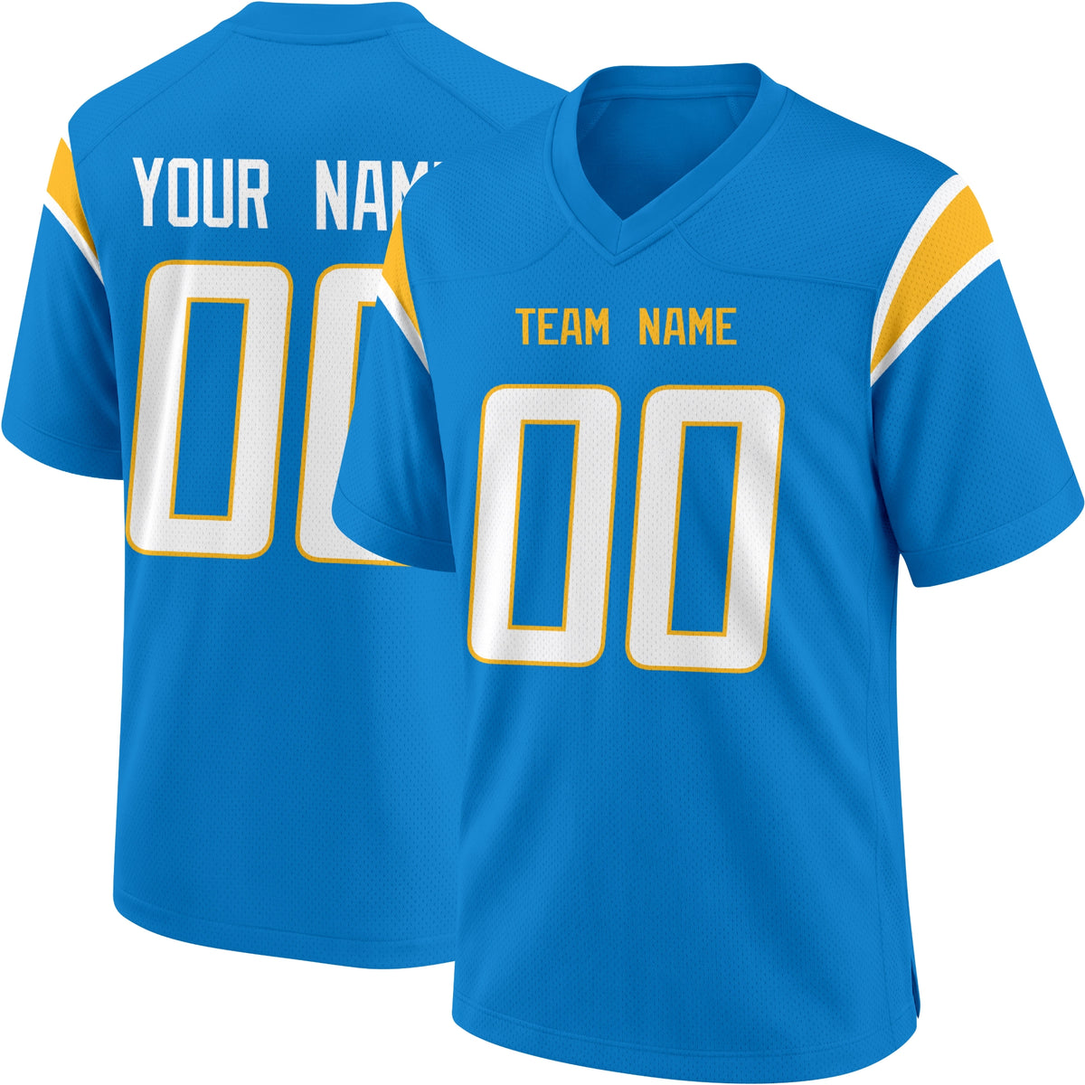 Los Angeles Blue personalized Light Blue football jersey showing front city lettering and number with back custom name and number