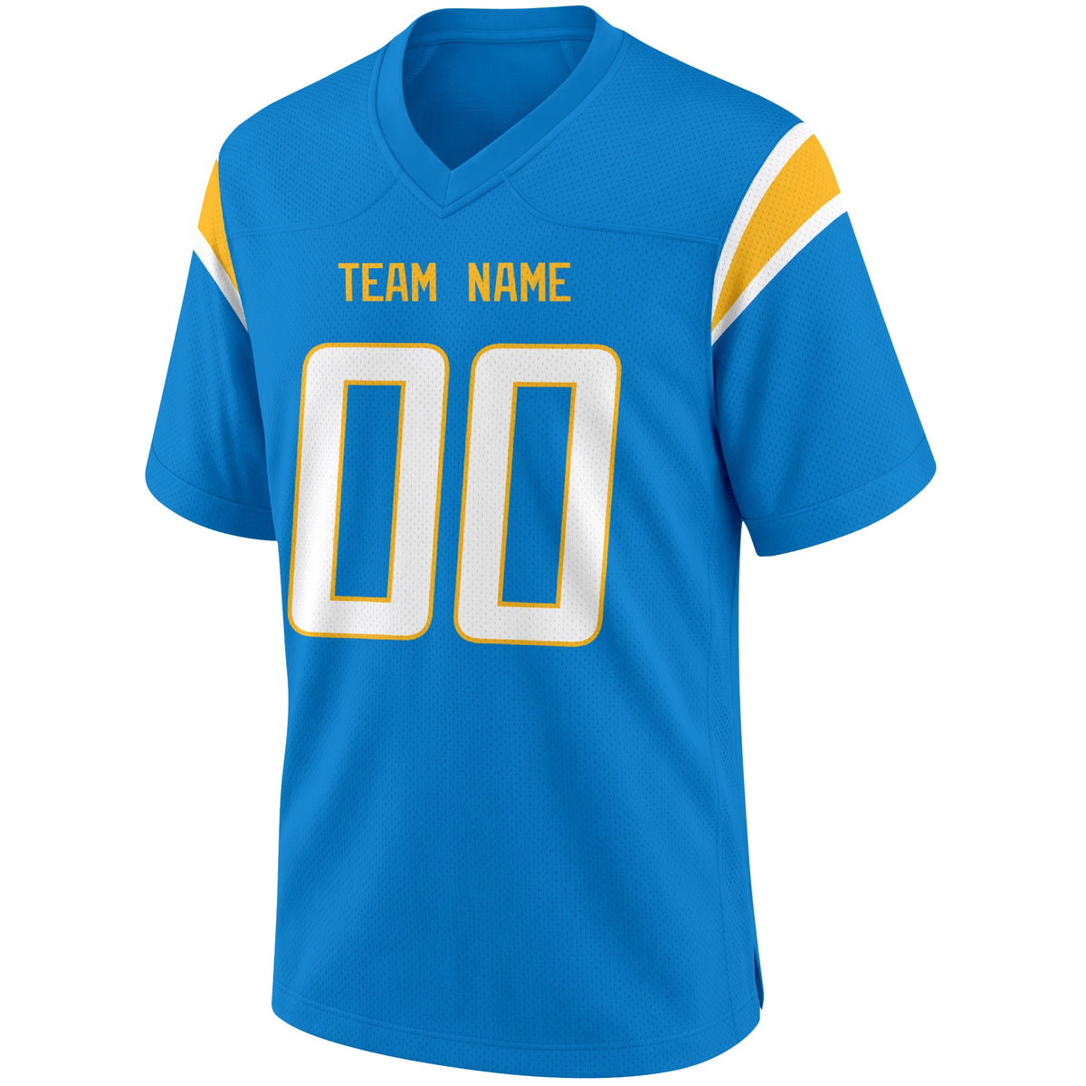 Los Angeles Blue Light Blue football jersey front view with V neck city lettering shoulder numbers and large front number