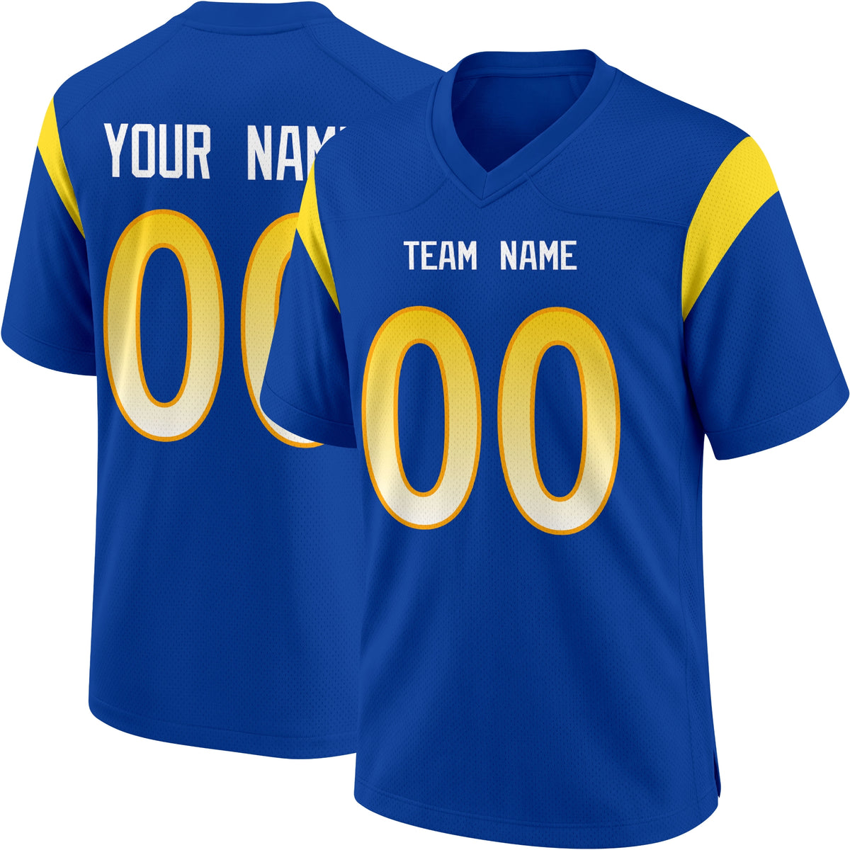 Los Angeles Royal personalized Royal Blue football jersey showing front city lettering and number with back custom name and number