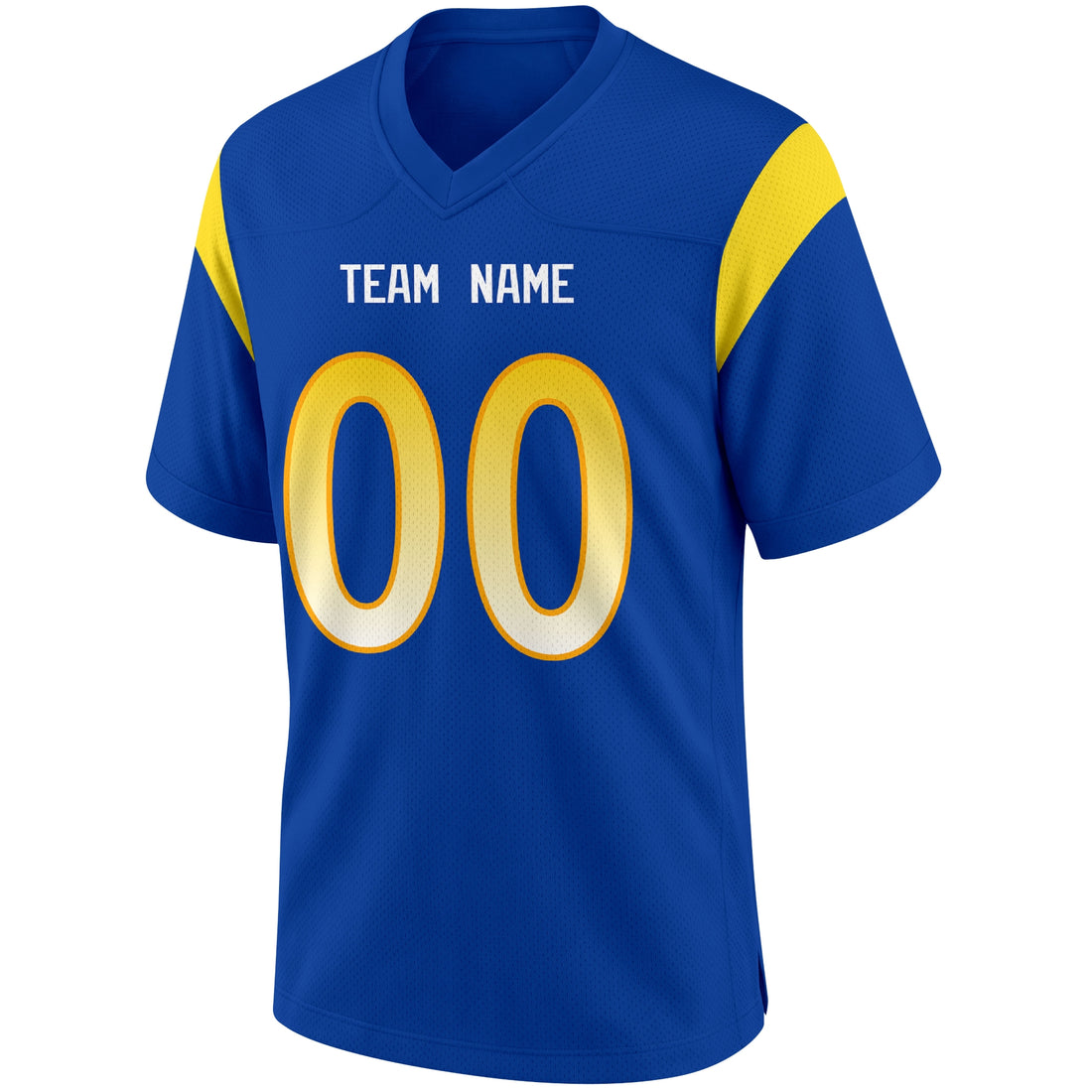 Los Angeles Royal personalized Royal Blue football jersey showing front city lettering and number with back custom name and number