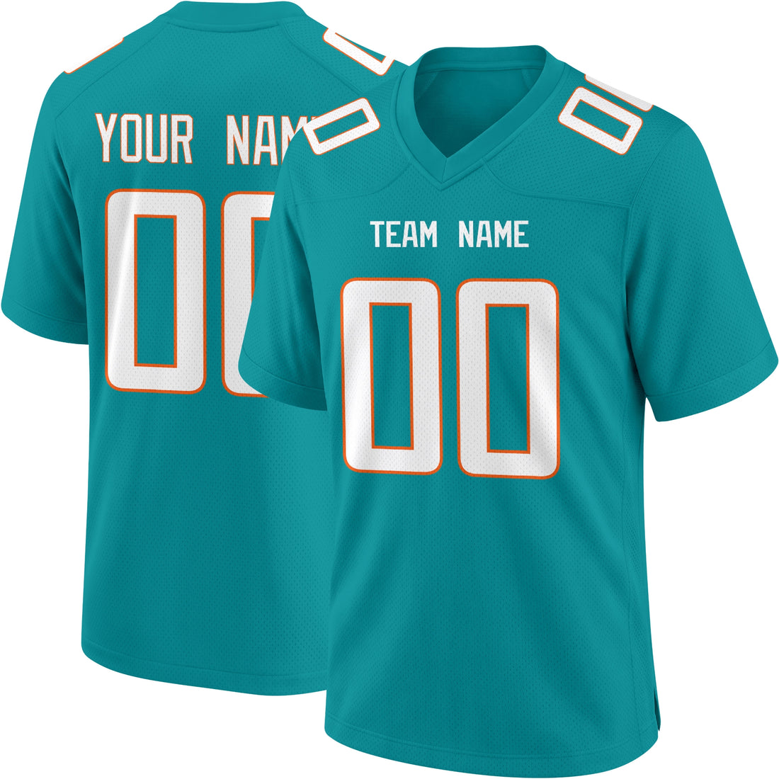 Miami personalized Aqua football jersey showing front city lettering and number with back custom name and number